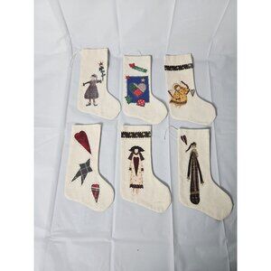 Set Of 6 Cottage Core Linen Christmas Stockings Handmade 6 inch